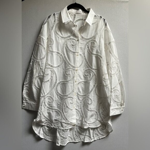 NWT Anne Fontaine Couleur eyelet white long line button down blouse - Picture 2 of 11